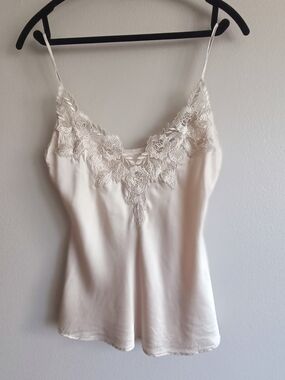 Blush Pink Silk Camisole with French Lace Trim | XS-S | Floral Embroidered Linge